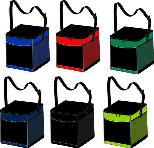 A range of cooler bags in blue, red, black, dark blue, and green, featuring shoulder straps and a structured design. A range of cooler bags in blue, red, black, dark blue, and green, featuring shoulder straps and a structured design.