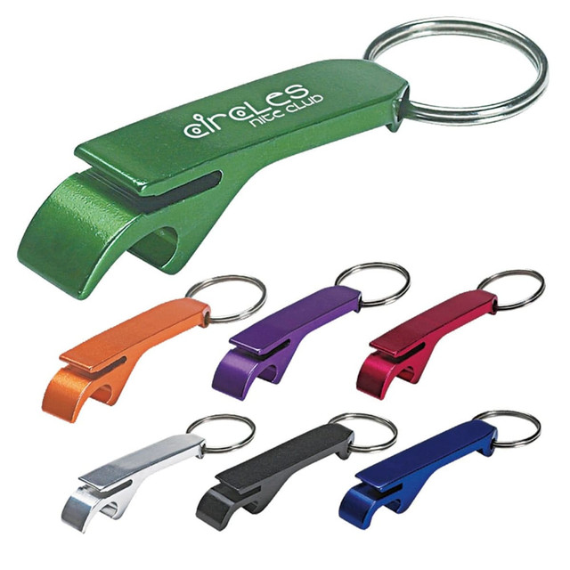 A drink bottle opener keyring in six colours: green, orange, red, purple, blue, and silver, with a branding logo. A drink bottle opener keyring in six colours: green, orange, red, purple, blue, and silver, with a branding logo.