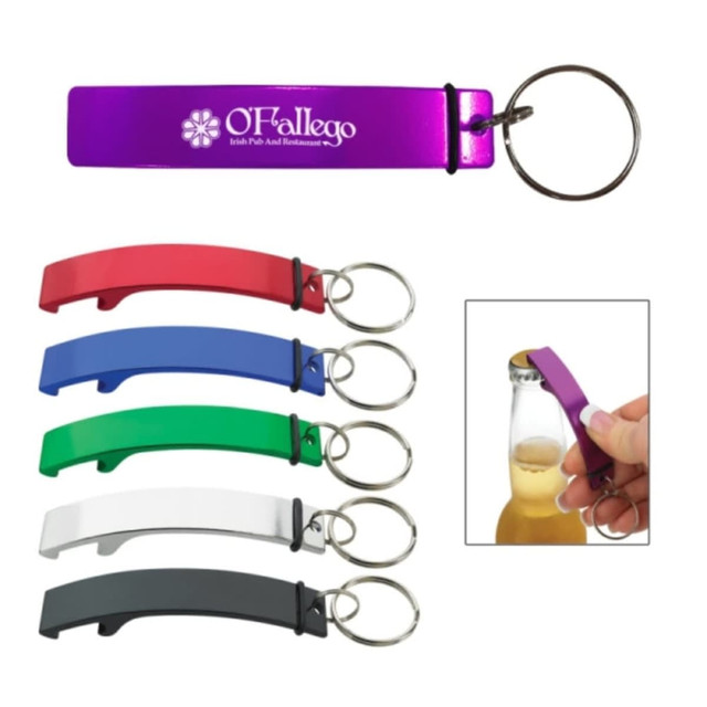 A bottle opener keychain set in purple, red, blue, green, white, and black with a keyring attachment.