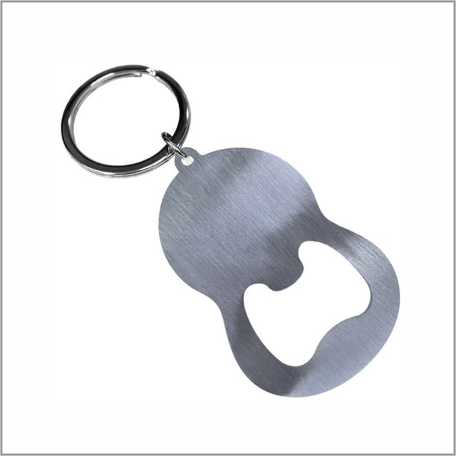 A bottle opener keyring featuring a sleek, silver stainless steel design with a circular keyring attachment.
