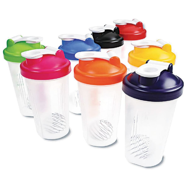 A drink bottle collection featuring various coloured lids—green, blue, red, orange, yellow, black, and purple—on clear containers. A drink bottle collection featuring various coloured lids—green, blue, red, orange, yellow, black, and purple—on clear containers.