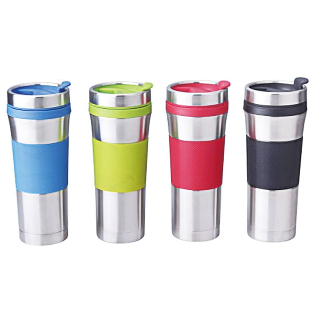 A drink bottle set featuring four stainless steel tumblers in blue, green, red, and black with rubber grips.