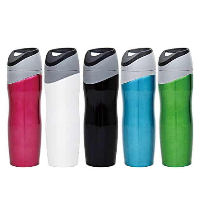 A drink bottle in pink, white, black, blue, and green, featuring a grey lid and a logo.