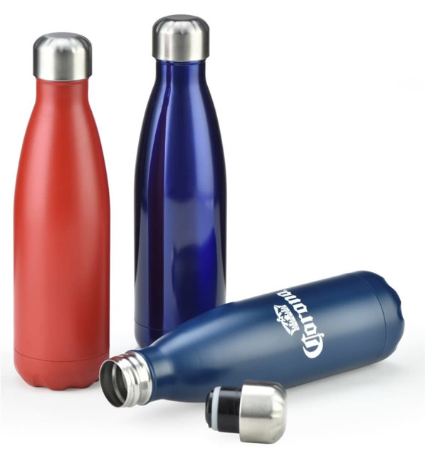 A drink bottle set featuring three metal bottles in red, blue, and navy, with stainless steel lids and a logo.