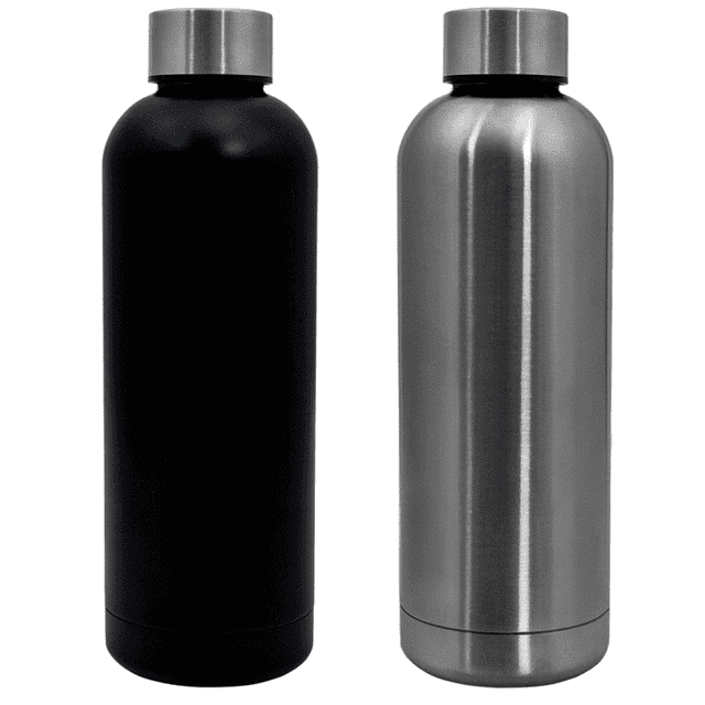 A drink bottle set featuring one matte black and one stainless steel design, both with a sleek, modern shape.
