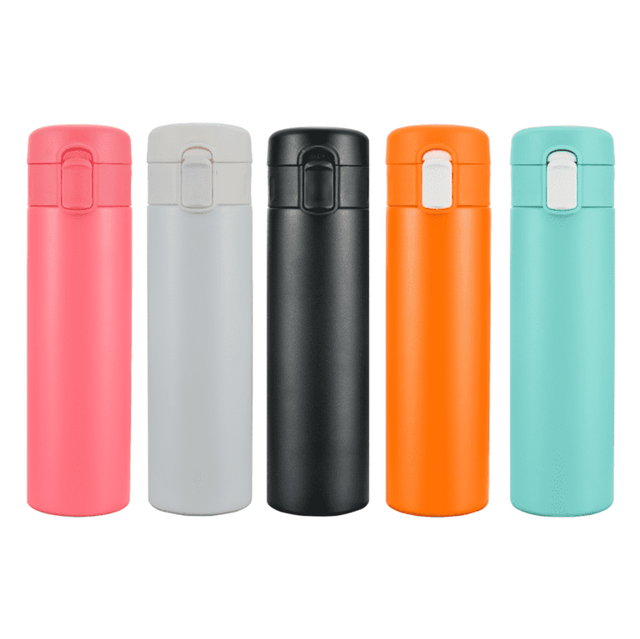 A drink bottle collection featuring pink, grey, black, orange, and turquoise designs, each with a logo.