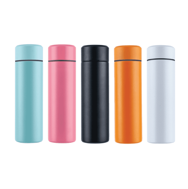 A drink bottle collection featuring light blue, pink, black, orange, and white colours, each with a sleek design and lid.