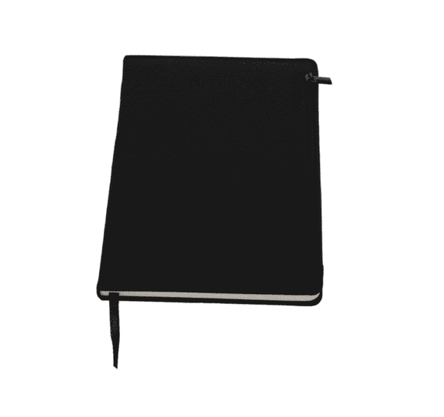 A black notebook featuring a zip closure and a ribbon marker, with a simple design and white pages. A black notebook featuring a zip closure and a ribbon marker, with a simple design and white pages.