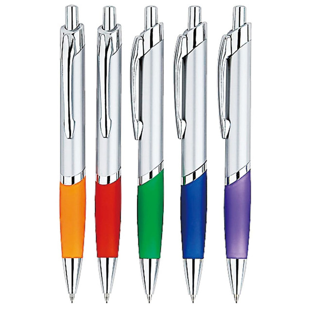 A collection of five plastic pens in orange, red, green, blue, and purple, each with a silver clip and trim.