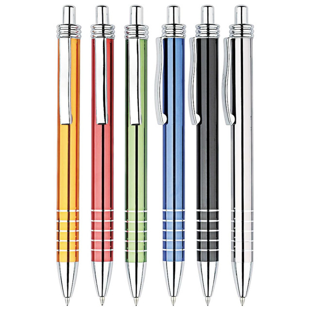 A set of six metal pens in orange, red, green, blue, black, and silver, featuring a chrome accents and clips. A set of six metal pens in orange, red, green, blue, black, and silver, featuring a chrome accents and clips.
