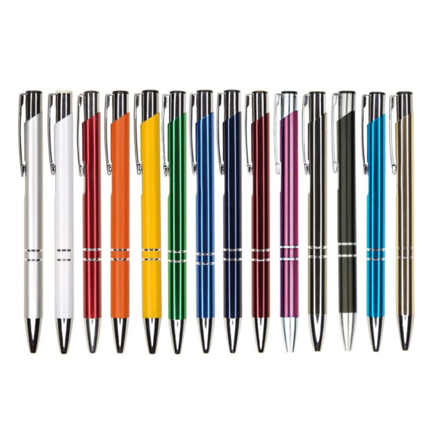A collection of metal pens in various colours, including silver, white, red, orange, yellow, green, blue, purple, and black, with branding.