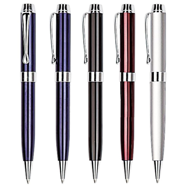A collection of four metal pens in purple, black, red, and silver, featuring sleek designs and clips.