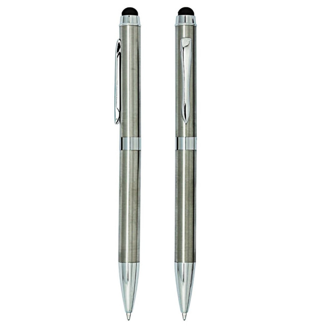 Two metal pens with a sleek silver and grey finish, one featuring a stylus tip and a clip. Each pen has a logo.