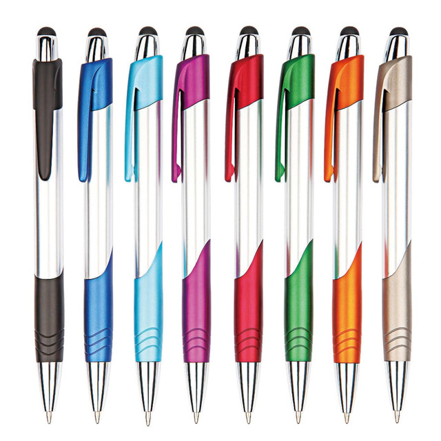 A set of stylus pens in various colours: black, blue, light blue, purple, red, green, orange, and silver.