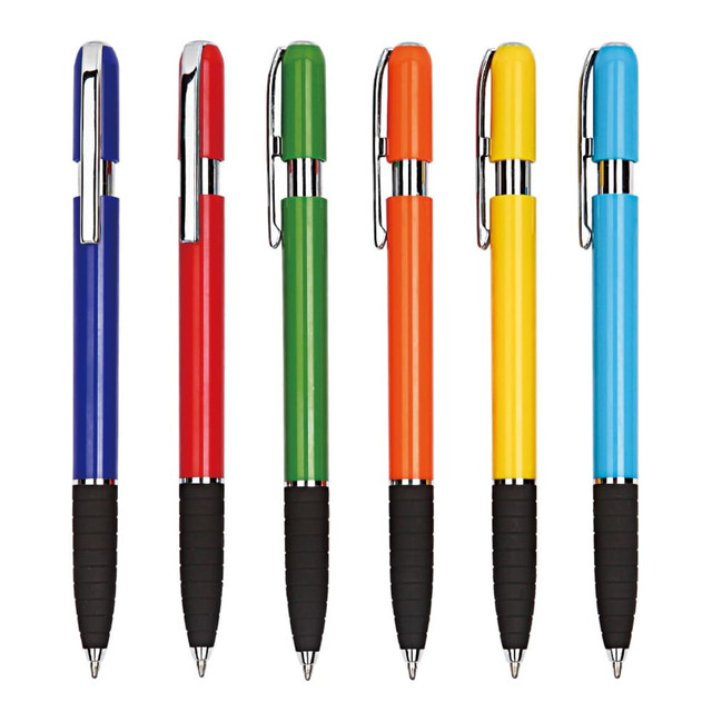 A set of six plastic pens in blue, red, green, orange, yellow, and black, featuring rubberised grips and metallic accents.