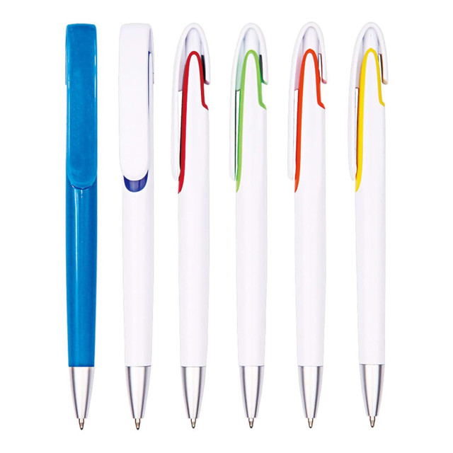 A set of six plastic pens in white with assorted clip colours: blue, red, green, orange, and yellow.