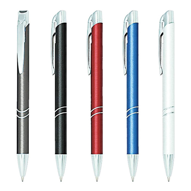 A collection of metal pens in black, red, blue, silver, and grey, featuring a logo on the barrel.