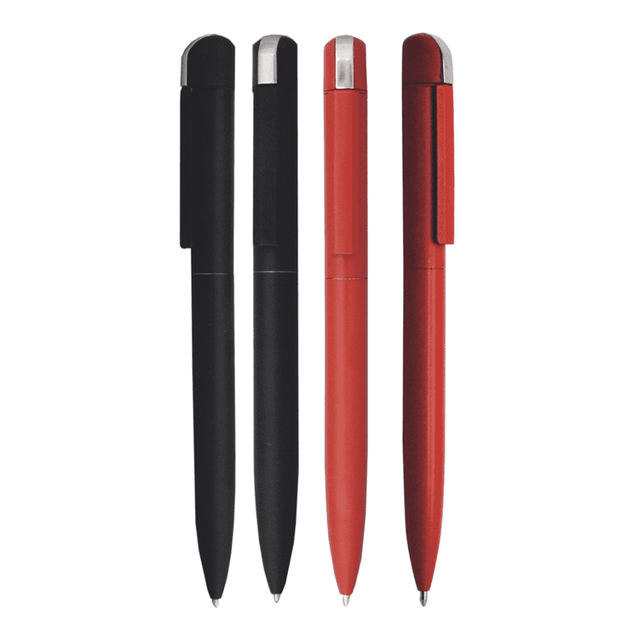 Four metal pens in black and red, featuring a sleek design with silver accents and clips. One pen has a black finish, while the others are red.