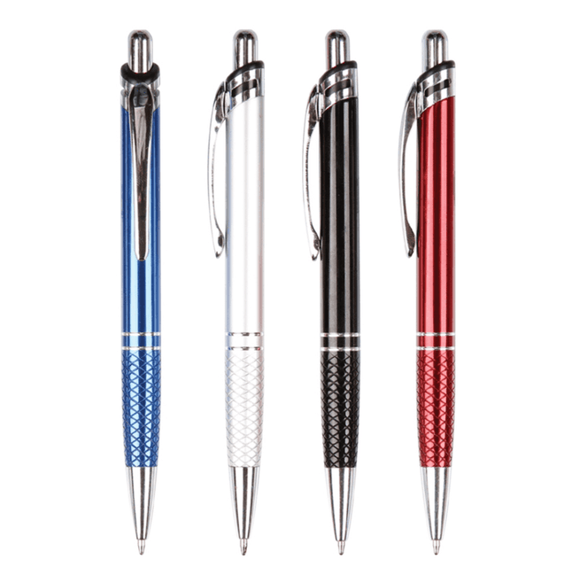 Four metal pens in blue, white, black, and red, each with a silver clip and grip section. The pens have a branding logo.