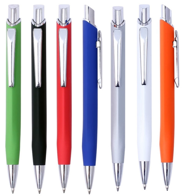 A collection of metal pens in green, black, red, blue, orange, and white, featuring a silver clip and accent.