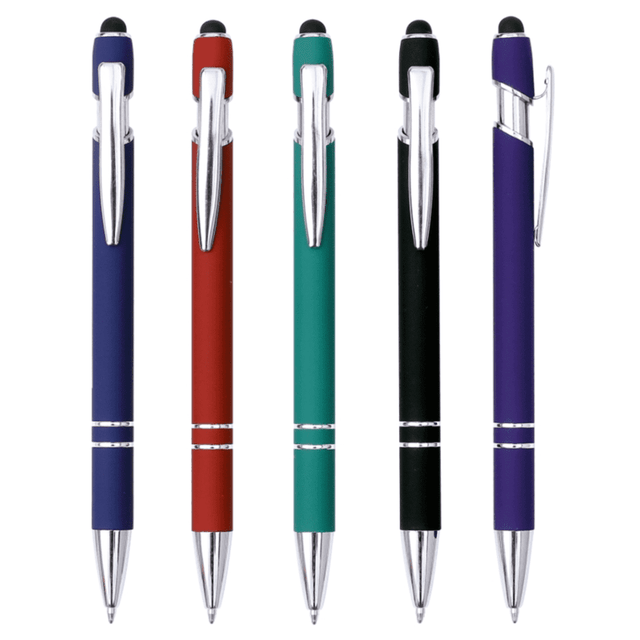 A selection of five stylus pens in purple, red, teal, black, and blue, featuring silver accents and a logo. A selection of five stylus pens in purple, red, teal, black, and blue, featuring silver accents and a logo.