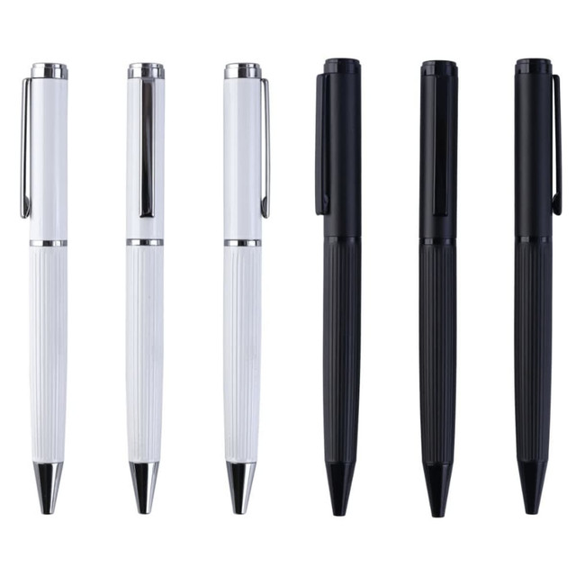 A set of pens in white and black, featuring sleek metal designs and clips. Each has a shiny finish and a logo.