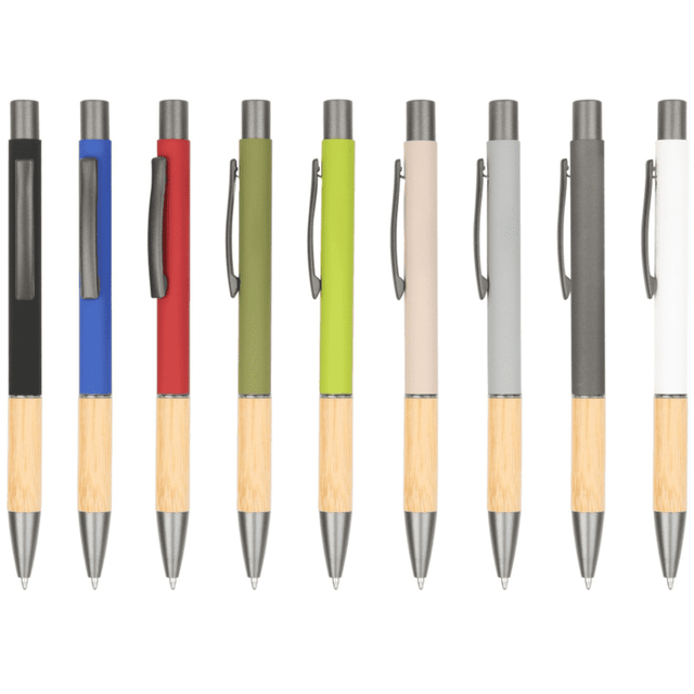 A collection of metal pens in black, blue, red, green, beige, grey, and white with bamboo accents, featuring clips and branding.