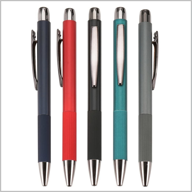 A selection of five metal pens in navy, red, black, teal, and grey, each featuring a silver clip and tip.