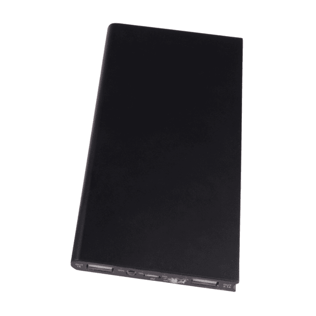 A sleek, black power bank with multiple USB ports and a branding logo.