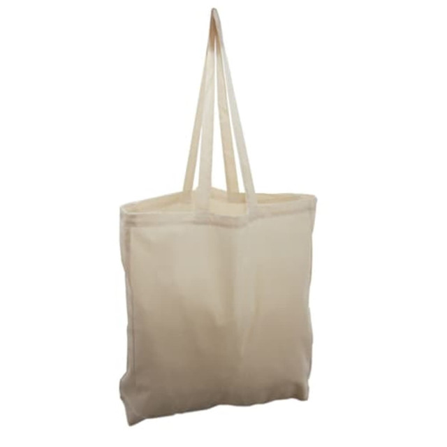 A cream-coloured calico bag with two sturdy handles. It has a simple, unadorned design. A cream-coloured calico bag with two sturdy handles. It has a simple, unadorned design.