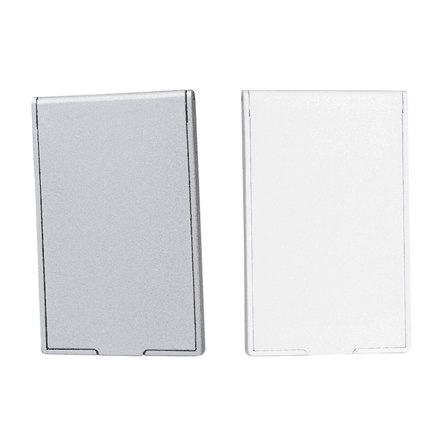 A silver and white stand-up pocket mirror duo, featuring a sleek, rectangular design and a logo on one side. A silver and white stand-up pocket mirror duo, featuring a sleek, rectangular design and a logo on one side.