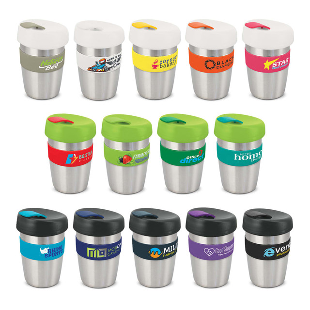 A collection of stainless steel drink bottles with various coloured silicone bands and lids, featuring different branding.