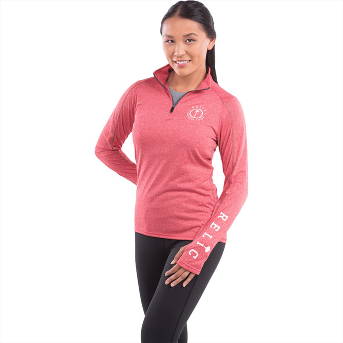 A women's red quarter zip jumper with long sleeves, featuring a logo and extended cuffs.