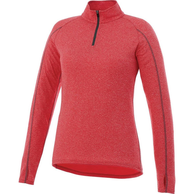 A women's quarter zip jumper in a vibrant red hue with long sleeves and a subtle texture. It features a logo.