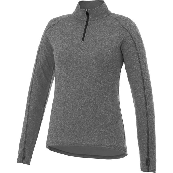 A grey women's quarter zip jumper with long sleeves and a zipper at the neck, featuring a branded logo.