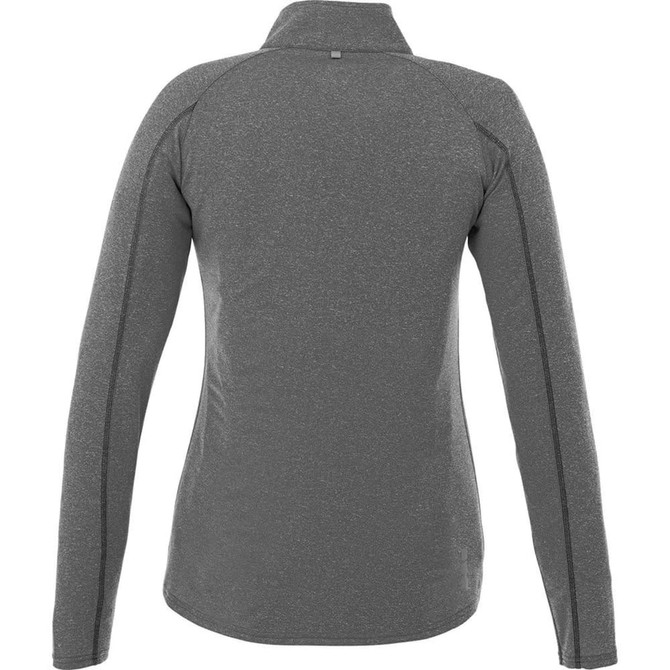 A grey quarter zip jumper for women with long sleeves and a fitted design, featuring a logo.