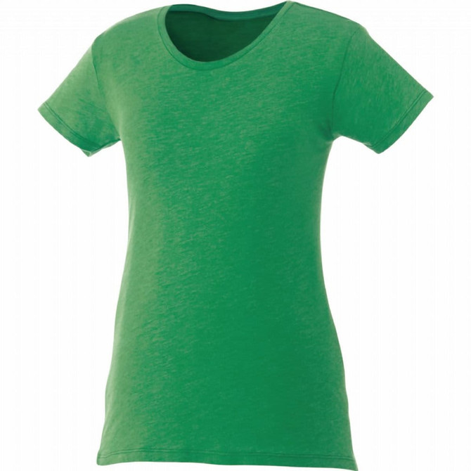 A green short sleeve women's t-shirt with a round neckline and a subtle texture, featuring a logo.