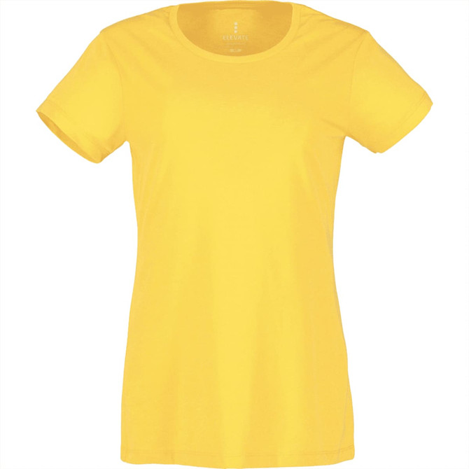 A yellow women's short sleeve tee with a fitted silhouette and a logo on the label.