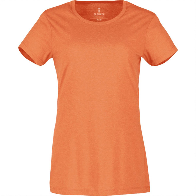 An orange short sleeve women's tee with a fitted design and a round neckline, featuring a branding logo.