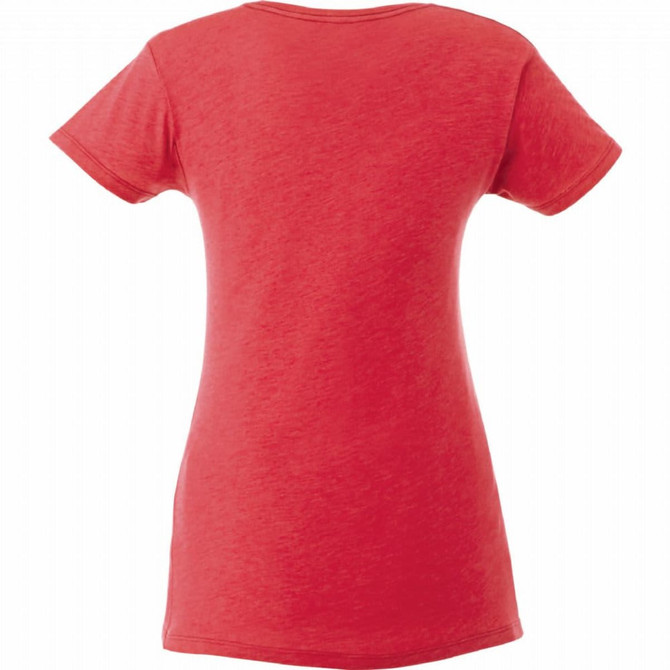 A red short sleeve women's t-shirt with a simple design and a logo on the back.