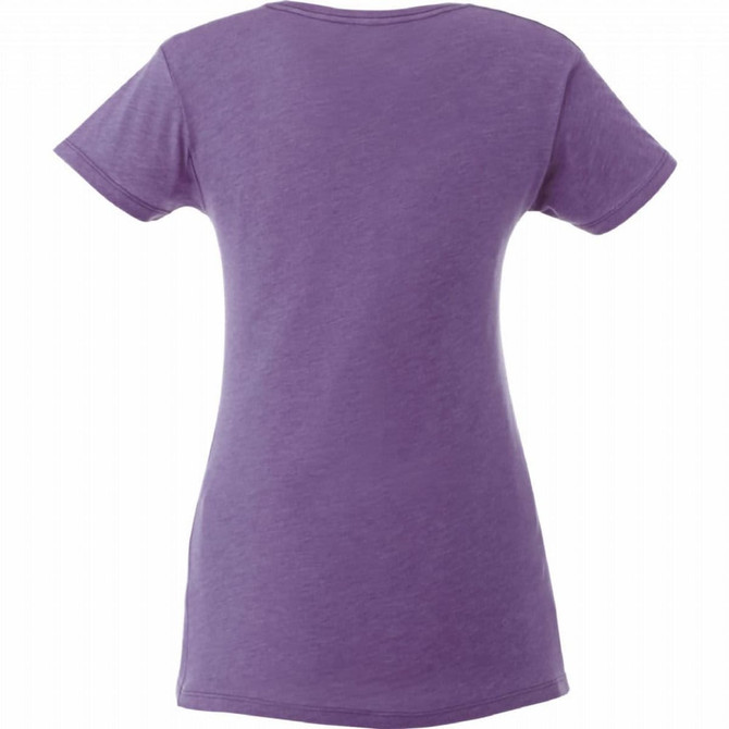 A purple women's short sleeve tee with a simple design and a logo on the back.
