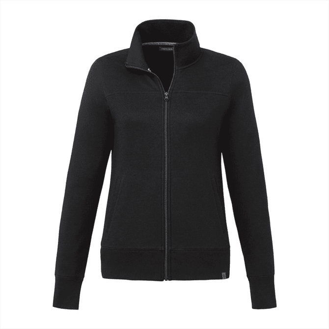 A women's black polar fleece full zip jacket with a high collar and side pockets, featuring a logo.