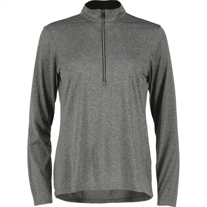 A grey half-zip long sleeve jacket featuring a high collar and a logo. Suitable for women's wear.