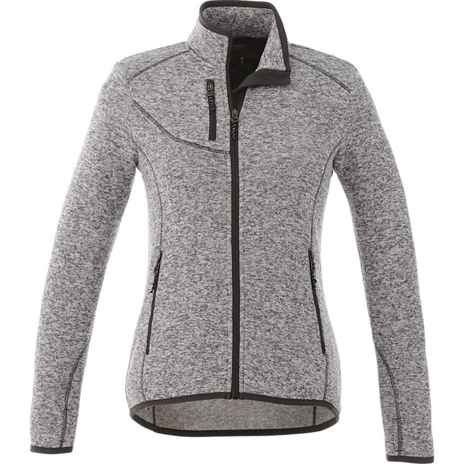 A women's knit jacket in grey with a zip front and detailing. It features a logo on the upper left.