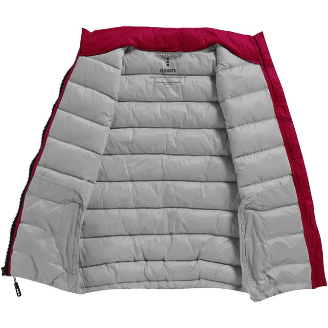 A burgundy insulated vest with a grey interior, featuring a lining and two side pockets. The vest has a logo.