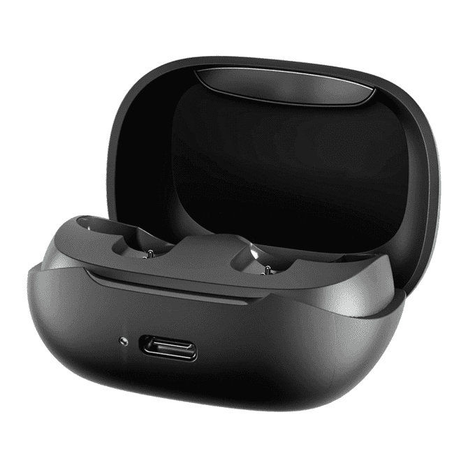 A black earbud charging case with two earbuds inside and a USB-C port at the bottom.