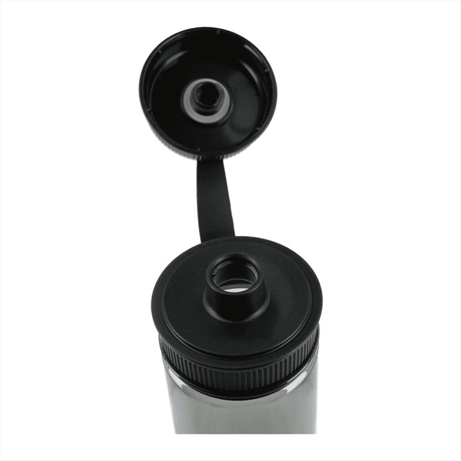 A drink bottle made from recycled R-PET, featuring a black cap and a clear body, showcasing a removable lid.