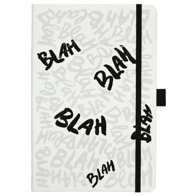 A white journal book with black accents featuring repetitive 'BLAH' text design and an elastic band closure.