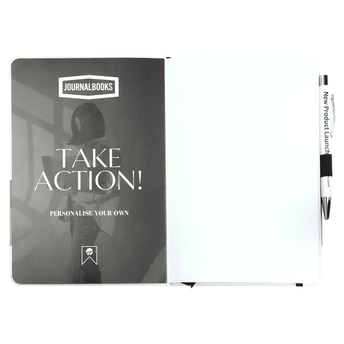 A bound journal featuring a white cover with coloured accents, an interior with a grey design, and a pen included.