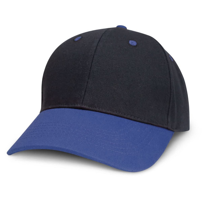 A cap with a black crown and a blue peak, featuring six panels and ventilation grommets.